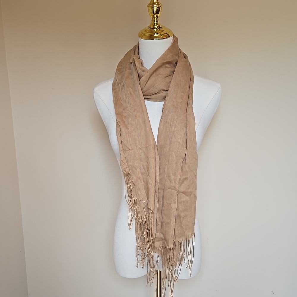 Tan Fringe Wrap Scarf – One Size, Soft Lightweight Cashmere Feel Quiet Luxury